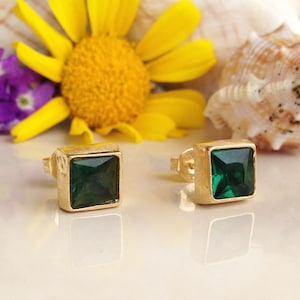 Green Tourmaline Earrings - Square Earrings - Post Earrings - Delicate Studs - Simple Earrings - Gold Studs - Green Earrings