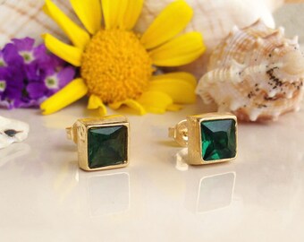 Green Tourmaline Earrings - Square Gemstone Bezel Set Simple Delicate Gold Post Studs