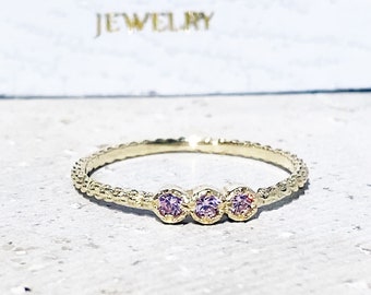 Rose Quartz Ring - October Birthstone - Round Triple Gemstone Simple Bezel Delicate Stacking Gold Band