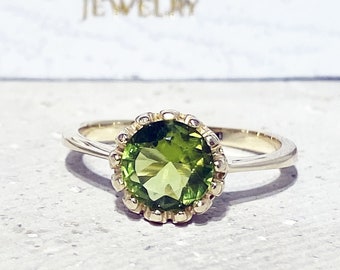 Peridot Ring - August Birthstone - Gemstone Ring - Faceted Ring - Stacking Ring - Bezel Ring - Gold Ring - Round Ring - Dainty Ring