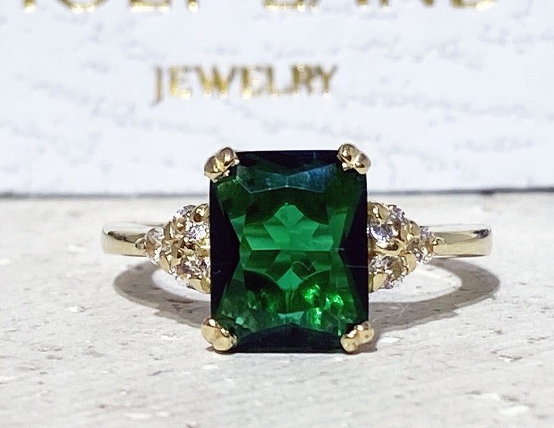 Emerald Ring - May Birthstone - Gold Ring - Gemstone Band - Statement Ring - Engagement Ring - Rectangle Ring - Cocktail Ring - Prong Ring 