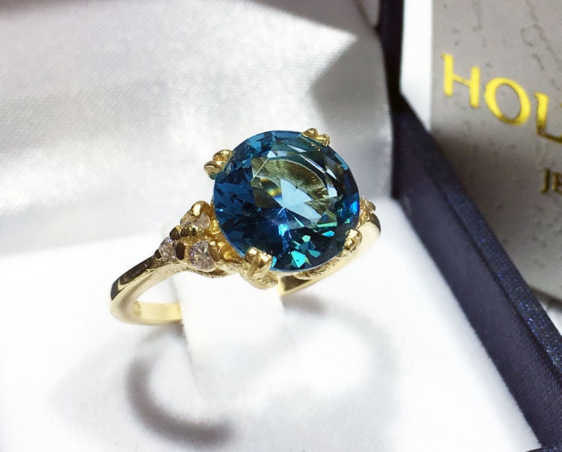 Blue Topaz Ring December Birthstone Gemstone Band Gold Ring Engagement Ring Round Ring Cocktail Ring Prong Ring image 3