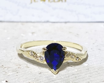 Blue Sapphire Ring - Gold Ring - Slim Ring - Royal Blue Ring - September Birthstone - Simple Ring - Teardrop Ring - Prong Ring