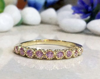 Rose Quartz Ring – October Birthstone - Round Gemstone Bezel Half Eternity Dainty Stacking Gold Band