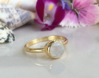 Rainbow Moonstone Ring - Genuine Gemstone - June Birthstone - Bezel Ring - Round Ring  - Gold Ring - Tiny Ring - Simple Ring - Stack Ring