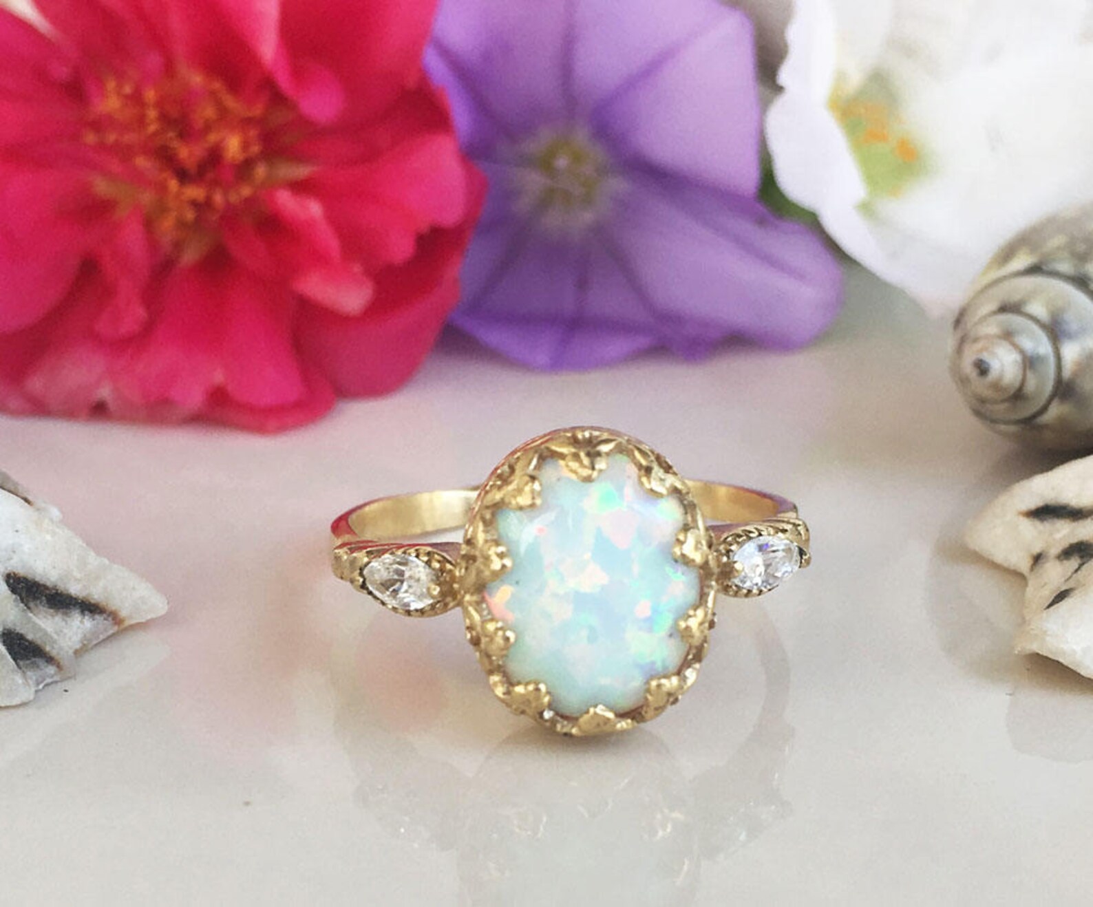 White Opal Ring Statement Ring Dainty Ring Oval Ring Etsy