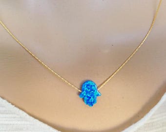 Blue Opal Hamsa Necklace – October Birthstone - Good Luck Simple Delicate Gold Chain Pendant