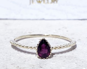 Red Garnet Ring - Genuine Gemstone - Slim Ring - Simple Ring - Tiny Ring - Stacking Ring - Bezel Ring - January Birthstone - Teardrop Ring