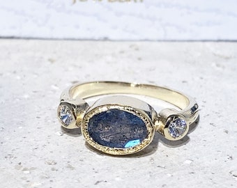 Triple Gemstones Ring - Labradorite Ring - Grey Ring - Genuine Gemstone - Stacking Ring - Simple Ring - Rainbow Ring