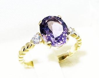 Purple Amethyst Ring - February Birthstone - Oval Natural Gemstone Prong Set Statement Women Gold Band