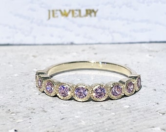 Rose Quartz Ring - October Birthstone - Round Gemstone Bezel Half Eternity Dainty Stacking Gold Band