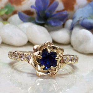 Blue Sapphire Ring - Camellia Ring - Flower Ring - Statement Ring - Gold Ring - September Birthstone - Engagement Ring - Vintage Ring