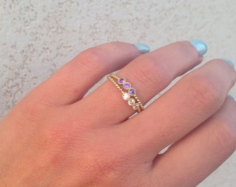 20% off-SALE!!! Two Birthstone Ring - Amethyst Ring - Clear Quartz Ring - Gemstone Ring - Delicate Ring - Stack Ring - Tiny Simple Jewelry