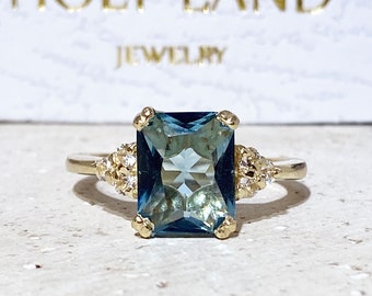Blue Topaz Ring - December Birthstone - Gemstone Band - Gold Ring - Engagement Ring - Rectangle Ring - Cocktail Ring - Prong Ring