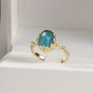 Blue Topaz Ring - December Birthstone - Statement Ring - Dainty Ring - Oval Crown Ring - Bezel Ring - Gold Ring - Gemstone Ring