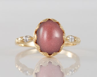 Sunstone Ring - Oval Natural Gemstone Vintage Crown Bezel Set Statement Gold Band