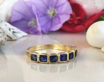 Blue Sapphire Ring - September Ring - Half Eternity Ring - Stack Ring - Gold Ring - Square Ring - Dainty Ring - Bezel Ring - Gemstone Band