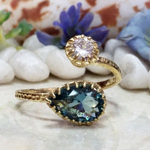 Blue Topaz Ring - Dual Gemstone Ring - Two Birthstone Ring - December Birthstone - Gold Ring - Gemstone Ring - Stack Ring - Hammered Ring