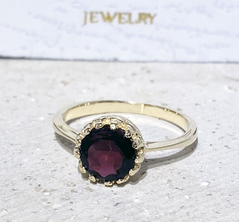 Mozambique Garnet Ring Genuine Gemstone January Birthstone Round Crown Ring Dainty Ring Gold Ring Bezel Ring Red Ring image 1