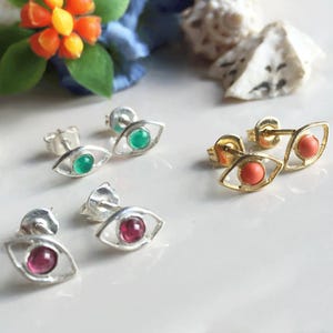 Evil Eye Choose your Gemstone Earrings – Delicate Simple Minimalist Birthstone Studs