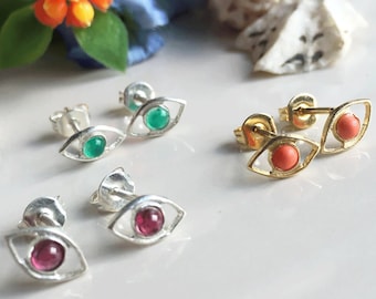 Evil Eye Choose your Gemstone Earrings – Delicate Simple Minimalist Birthstone Studs
