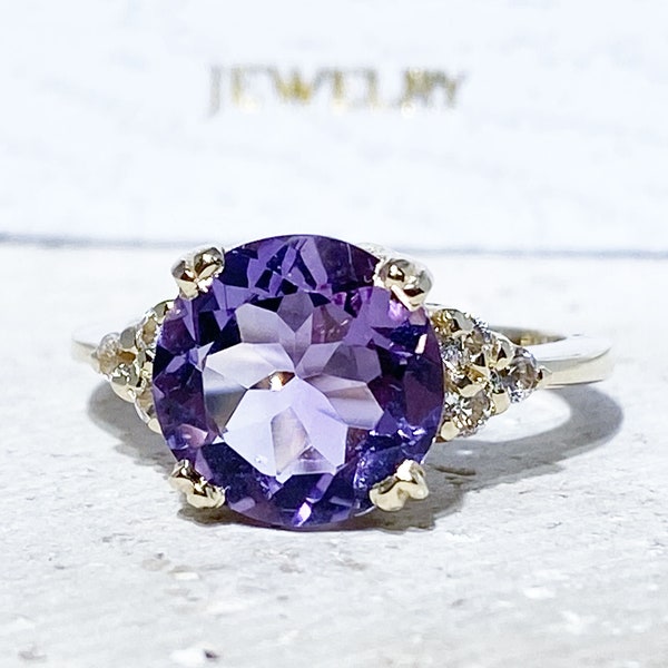 Natural Purple Amethyst Ring – February Birthstone - Round Gemstone Statement Engagement Prong Cocktail Gold Band