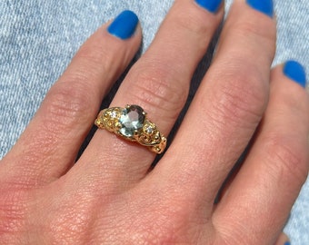 Green Tourmaline Ring - Gemstone Ring - Green Stone Ring - Gold Ring  - Lace Ring - Flower Ring - Filigree Ring - Oval Ring - Dainty Ring
