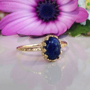 Blue Lapis Ring - Gold Ring - Genuine Gemstone Band - Simple Ring - Bezel Ring - September Birthstone - Hammered Ring