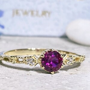 Ruby Ring - July Birthstone - Round Fuchsia Gemstone Bezel Set Delicate Stacking Gold Band
