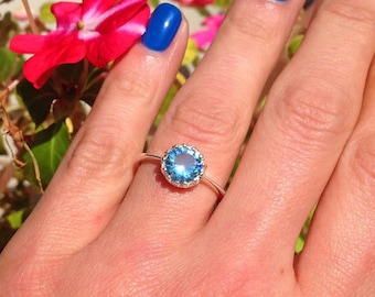 Blue Topaz Ring - December Birthstone - Round Gemstone Bezel Set Vintage Crown Dainty Good Band