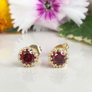 Red Garnet Earrings - Genuine Gemstone - January Birthstone - Post Earrings - Delicate Studs - Simple Earrings - Gold Studs - Round Earrings