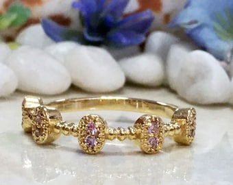 Rose Quartz Ring - October Birthstone - Round Gemstone Bezel Set Simple Stacking Dainty Gold Band