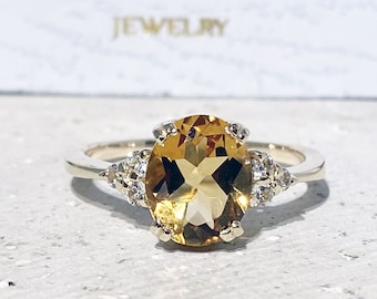 Natural Citrine Ring – November Birthstone - Oval Gemstone Statement Engagement Prong Set Cocktail Gold Band