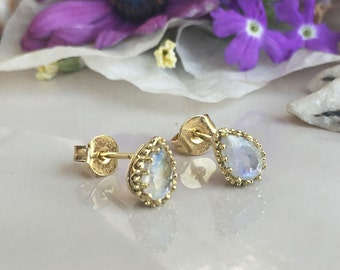 Rainbow Moonstone Earrings – June Birthstone - Pear Gemstone Prong  Simple Delicate Teardrop Gold Post Studs