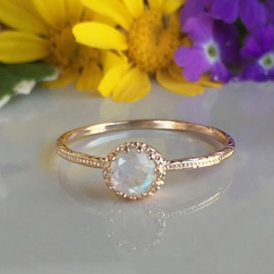Rainbow Moonstone Ring - Genuine Gemstone - Gold Ring - Hammered Ring - Tiny Ring - June Birthstone - Simple Jewelry - Bezel Ring