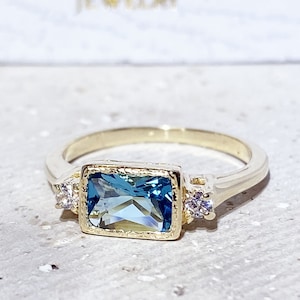 Blue Topaz Ring - Gemstone Ring - Dainty Ring - Gold Ring - Bezel Ring - Stack Ring - Rectangle Ring - December Birthstone - Blue Stone Ring