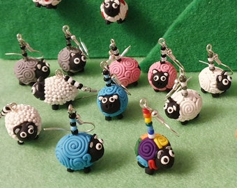 Happy Sheep earrings. Cute. Handmade. Pink. Blue. Grey. Rainbow