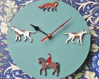 Hand painted Fox Hunting Clock. Countryside. Gift idea
