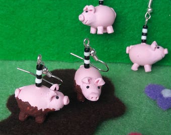 Happy pig and muddy pig earrings. Handmade