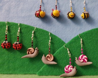 Happy Bee, Devil Bee, Snails and Ladybirds Earrings. Cute. Handmade