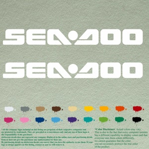 K&ouml;nnte beinhalten: Zwei wei&szlig;e Vinyl-Aufkleber mit dem Text "SEA 400" in einer fetten, serifenlosen Schriftart. Die Aufkleber werden vor einem hellgr&uuml;nen Hintergrund gezeigt. Unter den Aufklebern ist eine Farbkarte mit 16 verschiedenen Farboptionen abgebildet. Der Text "Color Disclaimer: Actual colors may vary." ist unter der Farbkarte abgebildet.