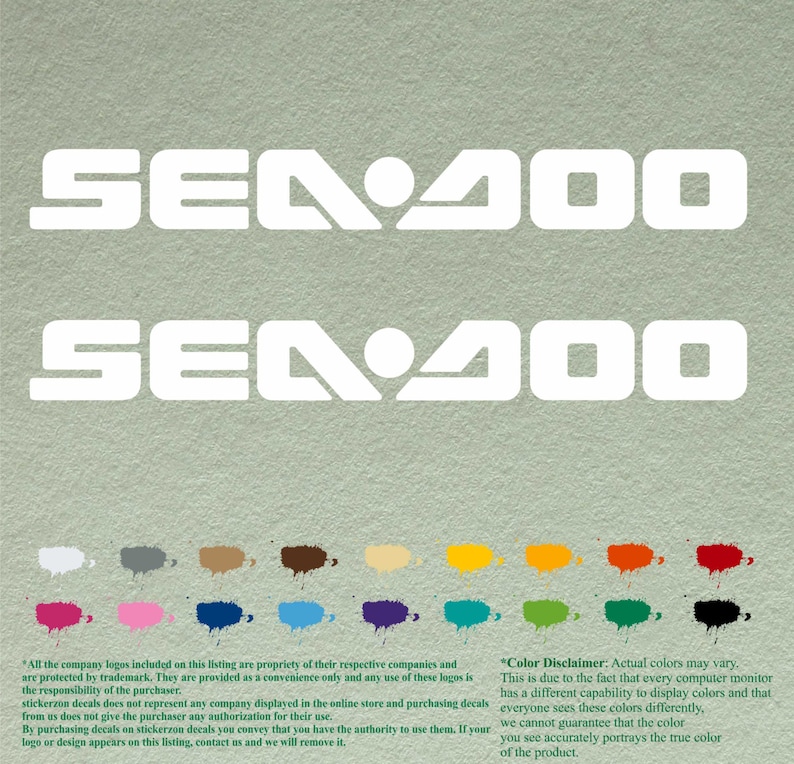 K&ouml;nnte beinhalten: Zwei wei&szlig;e Vinyl-Aufkleber mit dem Text "SEA 400" in einer fetten, serifenlosen Schriftart. Die Aufkleber werden vor einem hellgr&uuml;nen Hintergrund gezeigt. Unter den Aufklebern ist eine Farbkarte mit 16 verschiedenen Farboptionen abgebildet. Der Text "Color Disclaimer: Actual colors may vary." ist unter der Farbkarte abgebildet.