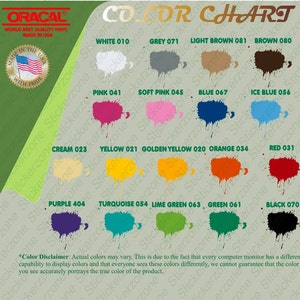 K&ouml;nnte beinhalten: Farbkarte mit 16 verschiedenen Farbmustern. Die Farben sind: Wei&szlig;, Grau, Hellbraun, Braun, Rosa, Zartrosa, Blau, Eisblau, Creme, Gelb, Goldgelb, Orange, Rot, Lila, T&uuml;rkis, Limettengr&uuml;n, Gr&uuml;n und Schwarz. Die Karte ist mit "ORACAL WORLD BEST QUALITY VINYL MADE IN USA" beschriftet.