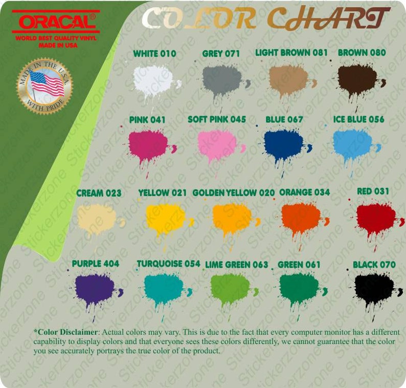 K&ouml;nnte beinhalten: Farbkarte mit 16 verschiedenen Farbmustern. Die Farben sind: Wei&szlig;, Grau, Hellbraun, Braun, Rosa, Zartrosa, Blau, Eisblau, Creme, Gelb, Goldgelb, Orange, Rot, Lila, T&uuml;rkis, Limettengr&uuml;n, Gr&uuml;n und Schwarz. Die Karte ist mit "ORACAL WORLD BEST QUALITY VINYL MADE IN USA" beschriftet.