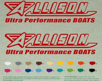 Pair Allison Compatible restoration Ultra Performance Boats Decals  Vinyl Stickers Boat Outboard Motor set of 2