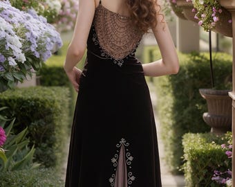 Vintage Y2K Brown Velvet Beaded Prom Evening Dress 1980s Formal Evening Gown for Women