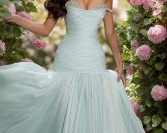 Vestido vintage azul hielo de gasa estilo Y2K, vestido de fiesta con hombros descubiertos y cuentas, vestidos de dama de honor, vestidos de noche para invitadas de boda.