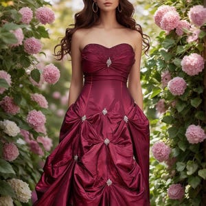 May include: A strapless, floor-length burgundy gown featuring a sweetheart neckline, a fitted bodice, and a voluminous skirt with gathered fabric sections. The dress is embellished with multiple silver-toned crystal accents placed at the centre of each gathered fold.
