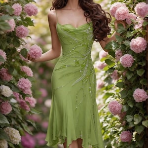 May include: A light green, knee-length dress with a cowl neckline and spaghetti straps. The dress features a flowing, asymmetrical hemline and is embellished with silver beading. Black strappy heels complete the look. The background includes pink flowers.
