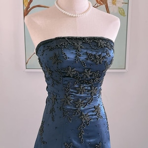Vintage 90S Navy Silk Satin Prom Dress Evening Backless Y2K Corset Beaded Gown Prom Party Dress